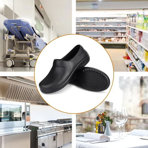 Vista 7 de Zapatos unisex antideslizantes para servicio de alimentos, impermeables, resistentes al aceite, zuecos de trabajo de cocina, cómodos zapatos
