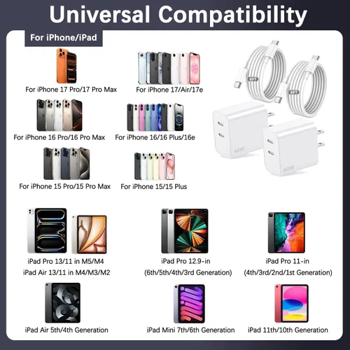 Vista 4 de Cargador de 40 W para iPhone 17 de carga rápida, paquete de 2 bloques de carga de pared USB C de doble puerto con cable USB C a USB C de 6 pies