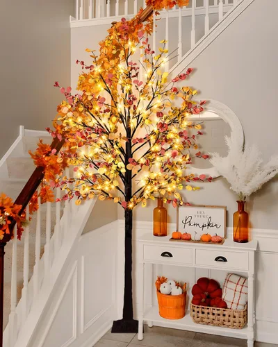 Vista 4 de Árbol de eucalipto de otoño iluminado, árbol de otoño sintético de 7 pies con 128 luces LED, árbol de eucalipto artificial iluminado para otoño