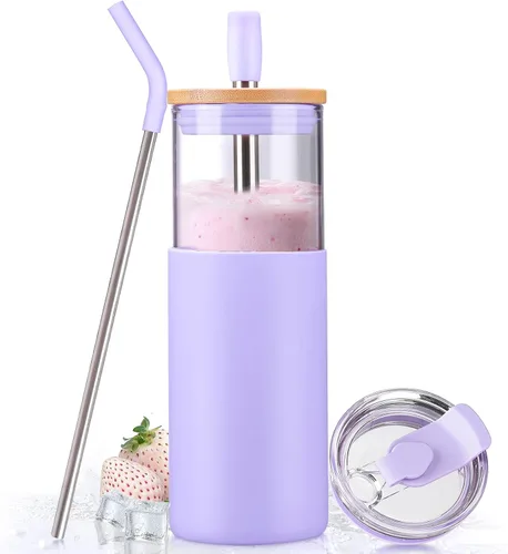 Vista 9 de Kodrine Vaso para agua de vidrio de 20 onzas con popote y tapa, botella de agua con tapas de bambú, taza para café helado, reutilizable, boca ancha