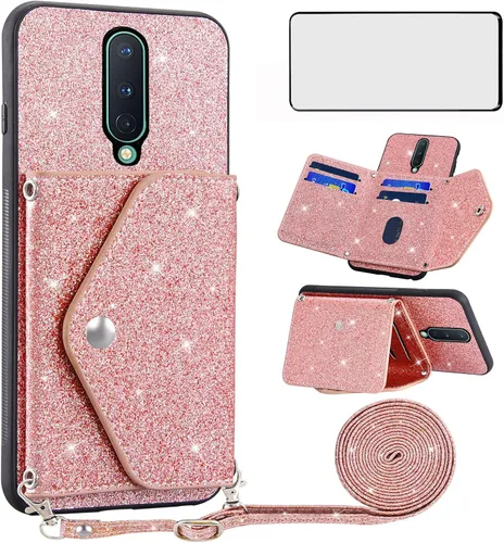Vista 10 de Asuwish Funda para teléfono OnePlus 8 OnePlus8 5G UW Tmobile con protector de pantalla y correa cruzada, cordón para tarjetas con purpurina Negro