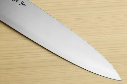 Vista 6 de Yoshihiro HAP40 Gyuto - Cuchillo de chef de acero inoxidable de alta velocidad, mango de ébano de triple anillo (9.5 pulgadas)