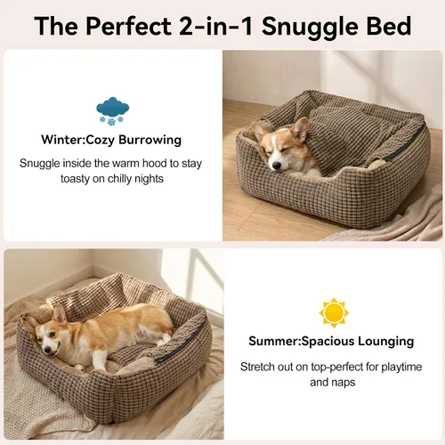 Vista 2 de GASUR Camas para perros pequeños, medianos y grandes con cueva de cubierta, cama rectangular con capucha para cachorros con manta, acogedoras camas