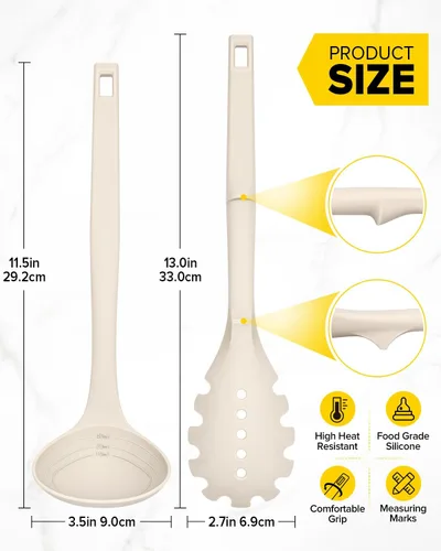 Vista 3 de BUNDLEPRO Juego de cucharón de sopa de silicona y cuchara para pasta, una Caqui