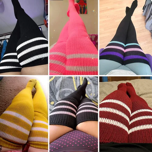 Vista 5 de Calcetines altos hasta el muslo para mujer de talla grande para muslos gruesos, calcetines extra largos a rayas gruesos sobre la rodilla, calcetines
