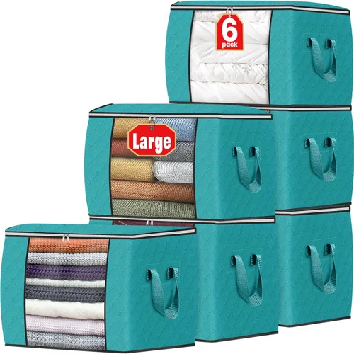 Vista 55 de Fab totes Paquete de 3 bolsas de almacenamiento plegables de tela gruesa, contenedores para organizar dormitorio, armario, ropa, edredón, Beige
