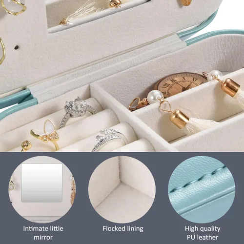 Vista 2 de AONCO Joyero, caja de almacenamiento portátil de joyería de viaje, caja de joyería pequeña para mujer, caja de almacenamiento de aretes con espejo