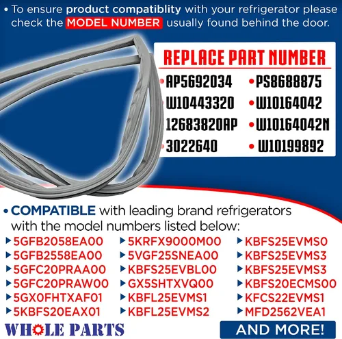 Vista 3 de Sello de puerta de refrigerador gris Whole Parts mejorado (tira magnética en el interior) – Parte # W10571967 – Compatible con modelos seleccionados