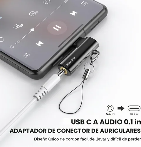 Vista 3 de MOSWAG Adaptador de auriculares USB C a conector tipo C de 0.1 in, micrófono auxiliar en ángulo derecho, dongle de audio de aleación de zinc Negro