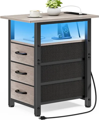 Vista 22 de Vagusicc Mesita de noche negra con estación de carga y luces LED, mesa auxiliar estrecha, mesita de noche LED con 3 cajones de tela para dormitorio