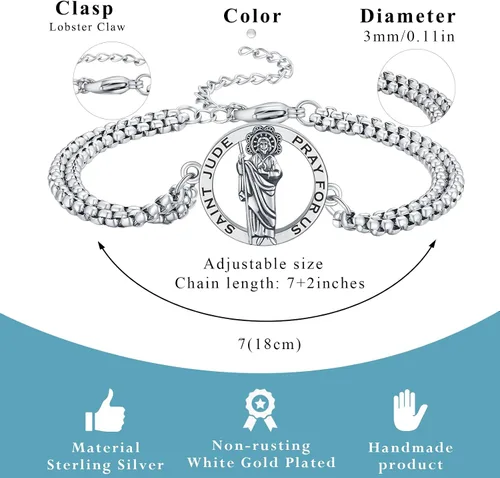 Vista 111 de Pulsera unisex de San Miguel/Cristóbal/Benedicto/Jude/José/Guadalupe/Ángel de la Guarda/Santa Muerte Pulsera de plata de ley 925 con cadena de doble