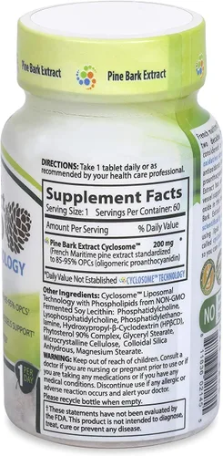Vista 3 de NATURE'S ESSENTIALS Extracto de corteza de pino 200 mg Soporte circulatorio clínicamente estudiado Entrega liposomal de ciclosoma avanzada Sin