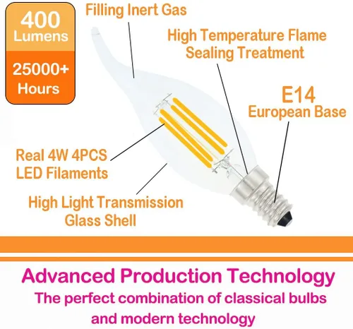 Vista 5 de Bombilla LED E14 con base europea de 4 W, bombillas LED regulables equivalentes a 40 W, bombillas LED con punta de llama, 110 V 2700 K, blanco