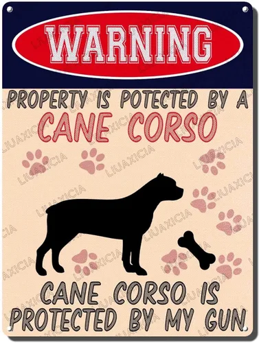 Vista 9 de LIUAXICIA Letreros divertidos de metal con texto en inglés "Warning Property is Potected by A American Bulldog is Protected by My Gun" The Coffee