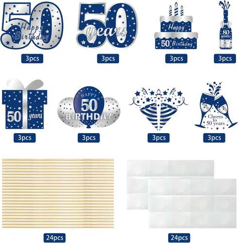 Vista 3 de 24 piezas de decoración de mesa de cumpleaños de 50 años, color azul y plateado, incluye 24 patrones de cartón, palos y puntos adhesivos, perfecto