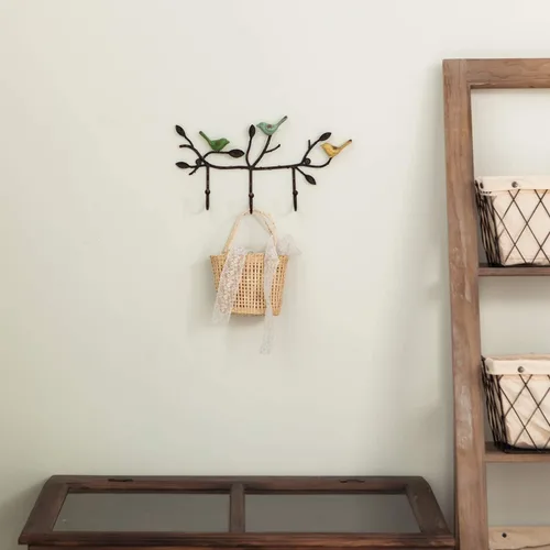 Vista 4 de SOFFEE DESIGN Perchero vintage de pared con 3 ganchos, pájaros de pie en rama de árbol con pintura rústica, resistente soporte para llaves
