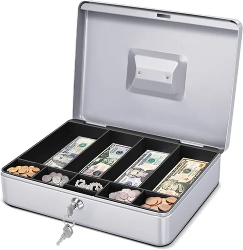 Vista 9 de Caja de Dinero Flexzion con Bandeja de Dinero y Cerradura - Caja de Dinero de Metal para Pequeñas Empresas, Caja de Dinero Negra de 9 Compartimentos