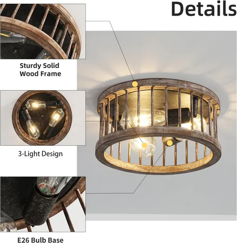 Vista 2 de Lámpara de techo de montaje empotrado estilo granja, 3 luces de metal y madera de 12.6 pulgadas, lámpara de techo para cocina, pasillo, comedor