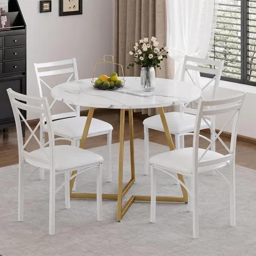 Vista 9 de VECELO juego de mesa de comedor de 5 piezas para 4 con sillas, superficie de grano de madera, espacio pequeño, cocina, desayunador, color marrón
