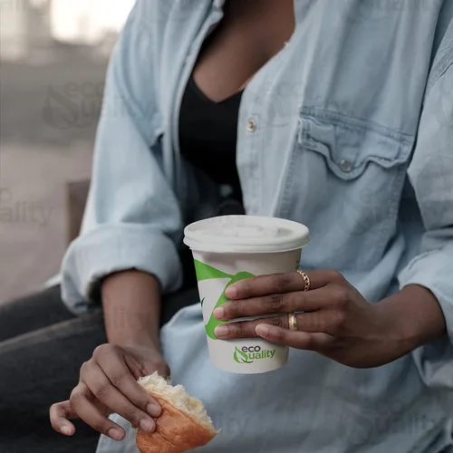 Vista 7 de EcoQuality Vasos de papel compostables de 16 onzas con tapas planas blancas – Tazas de café de papel blanco biodegradables desechables con forro