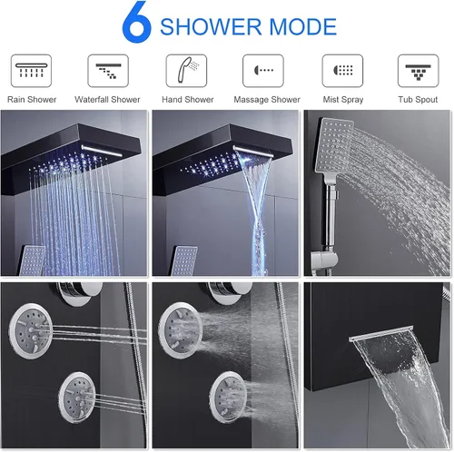 Vista 3 de Sistema de torre de paneles de ducha LED, sistema de panel de ducha de baño de acero inoxidable SUS304 con 4 chorros de cuerpo, lluvia, cascada