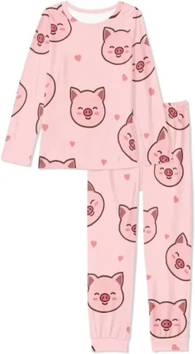 Vista 4 de Pijamas de cerdo rosa para mujer, conjunto de ropa de dormir de manga larga con cuello redondo y pantalones largos