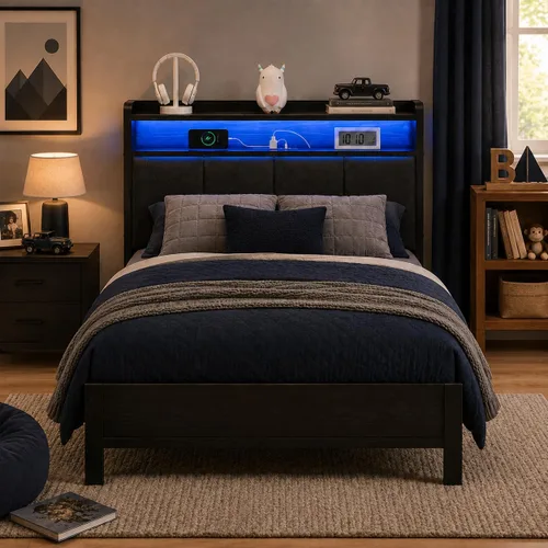 Vista 12 de IMMERSTABLE - Base de cama individual con cabecero de almacenamiento, marco de cama de plataforma metálico individual con luces LED y estación