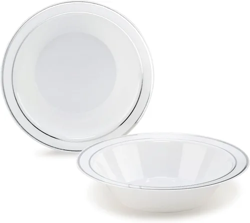 Vista 10 de Platos de plástico desechables Occasions para fiestas de boda (120 unidades), plateado, blanco (White / Silver Rim)