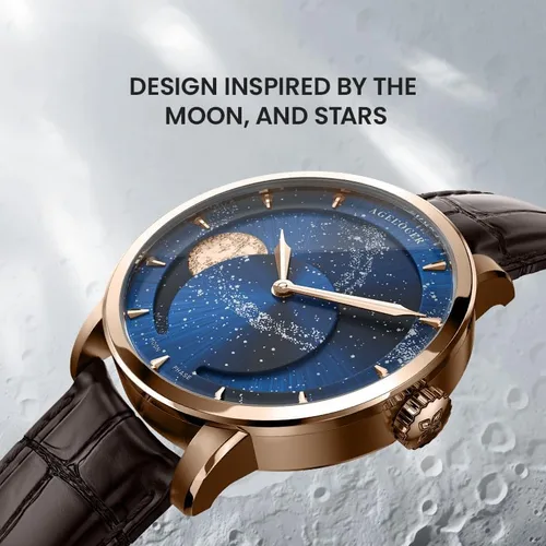 Vista 2 de AGELOCER Luxury Automatic Mechanical Watch, Original Men Watch with 3D Starry Sky Moon Phase Watch Dial Skeleton Leather Men's Wrist Watch