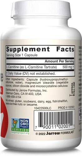 Vista 10 de Jarrow Formulas L-Carnitina 500 mg - Cofactor importante para la producción de energía (ATP) a partir de grasas - L-carnitina como tartrato