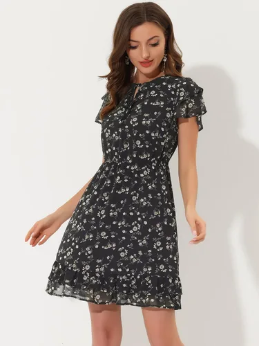 Vista 2 de Allegra K Vestido de gasa floral con cuello en V y mangas con volantes para mujer