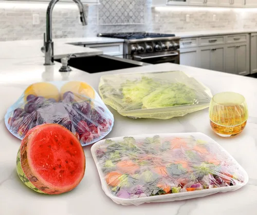 Vista 4 de ReDeMM 50 fundas elásticas reutilizables para almacenamiento de tazones de alimentos, variedad de 5 tamaños y colores elásticos translúcidos