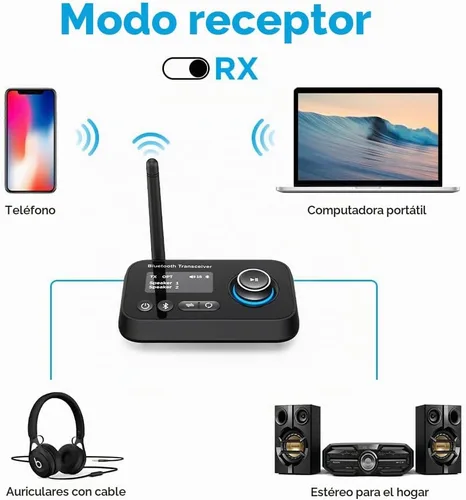 Vista 3 de Transmisor Receptor Bluetooth 3 en 1 Adaptador de Audio Bluetooth 5.0 para 2 Auriculares Con Control de Volumen de Bypass, Baja Latencia, Largo