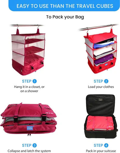 Vista 6 de Stow-N-Go Estantes de viaje colgantes portátiles, organizador de equipaje para equipaje. Armario de mano con colgador para ropa. Cubo de embalaje