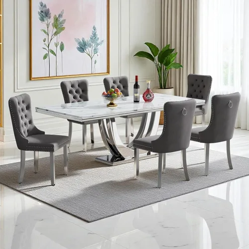 Vista 29 de SSLine Juego de mesa de comedor de mármol sintético blanco de 68 pulgadas