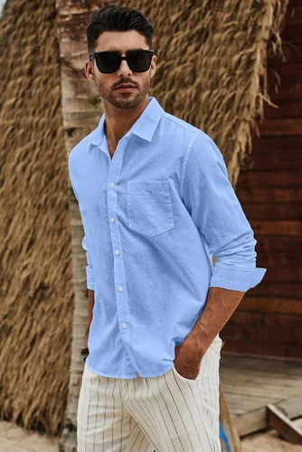 Vista 4 de JMIERR Camisa de vestir de manga larga con botones y lino de algodón para hombre