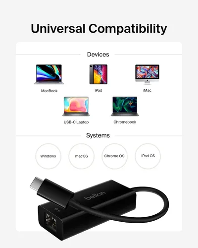 Vista 6 de Belkin Adaptador USB-C a Ethernet, Puerto Ethernet Gigabit Compatible con Dispositivos USB-C, Cable USB-C a Ethernet para MacBook Pro y Laptops Dell
