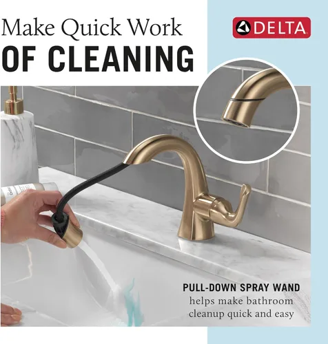 Vista 2 de Delta Arvo Grifo de Baño de Oro Cepillado de 1 Agujero con Rociador, Grifo de Lavabo de Baño de Un Solo Agujero con Rociador Extraíble para Tocador