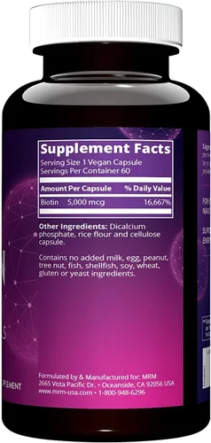 Vista 2 de MRM Nutrition - Cápsulas de biotina para mujeres y hombres, 5000 mcg, apoya el crecimiento del cabello, piel y uñas saludables, suplemento vegano B7