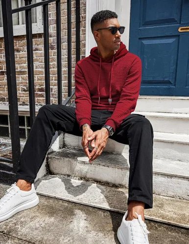 Vista 2 de COOFANDY Sudadera con capucha para hombre, de manga larga, a la moda, para gimnasio, atlética, a cuadros, jacquard, con bolsillo