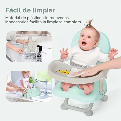 Vista 4 de YOLEO Silla alta para bebé, asiento elevador para mesa de comedor, sillas altas plegables con alturas ajustables, asiento elevador de viaje con Verde