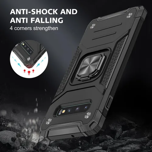 Vista 5 de Funda para Samsung Galaxy S10, de grado militar, a prueba de golpes, con soporte de soporte, soporte magnético integrado para montaje en coche
