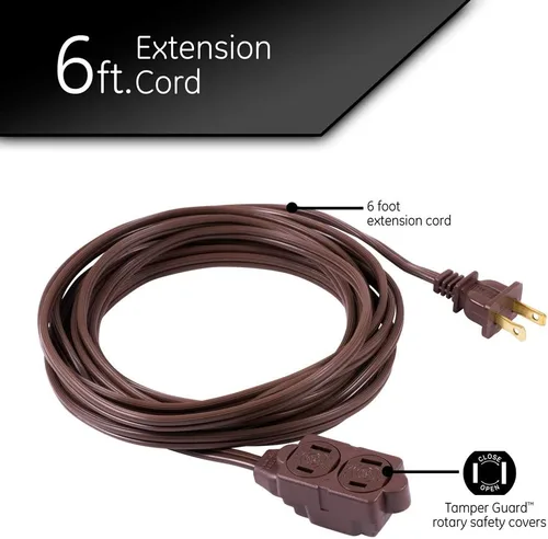 Vista 2 de GE - Cable de extensión, tira de alimentación, punta, calibre, tapas de toma de corriente de seguridad de giro a cierre, clasificación para Marrón
