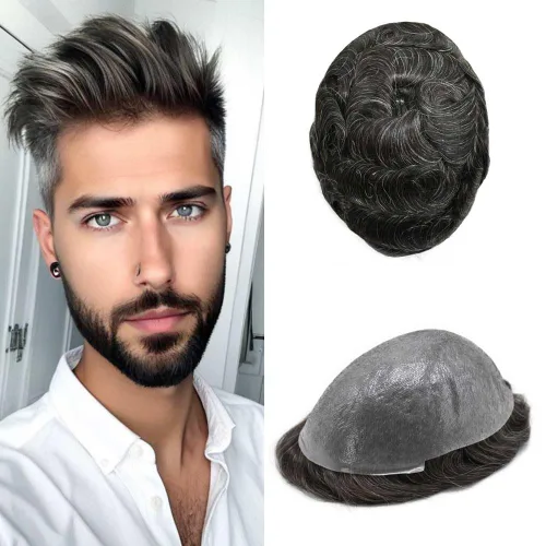Vista 39 de 0.002 in ultra fina piel tupé Remy cabello humano piezas para hombres V-Looped sistema de pelo para hombre tupé pelo tupé para hombres protesis