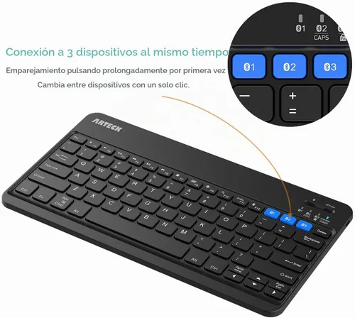 Vista 2 de Arteck HB220B Universal Retroiluminado 7 colores y brillo ajustable Multi-dispositivo delgado portátil inalámbrico Bluetooth 3.0 teclado para iOS