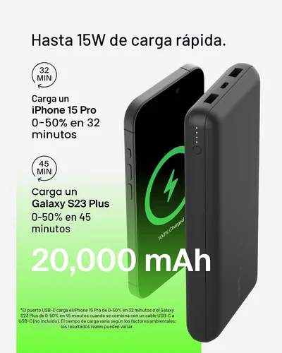 Vista 7 de Belkin Cargador Portátil, Batería Externa USB-C 20000 mAh con 2 Puertos USB-A, 15W con Cable Tipo-A a Tipo-C - iPhone 17, Air, Pro, Pro Max