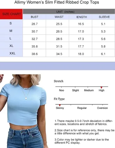 Vista 3 de Allimy Camiseta de verano de manga corta ajustada para mujer, cuello redondo, acanalada