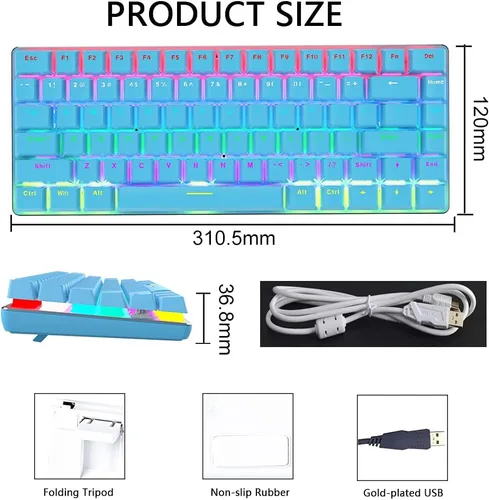 Vista 8 de FELICON AK33 - Teclado mecánico con cable para juegos, retroiluminación LED arco iris, con cable USB, 82 teclas, teclado de computadora