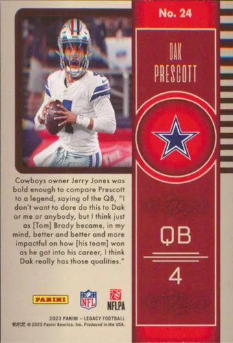 Vista 2 de 2023 Panini Legacy #24 Dak Prescott Dallas Cowboys Official NFL Football Card in Raw (NM or Better) Condition