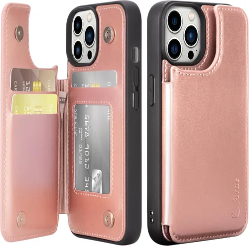 Vista 17 de Arae Funda para iPhone 15 [6.1 pulgadas] - Funda tipo cartera con bolsillos para tarjetas de piel sintética con tapa trasera para iPhone 15 de 6.1